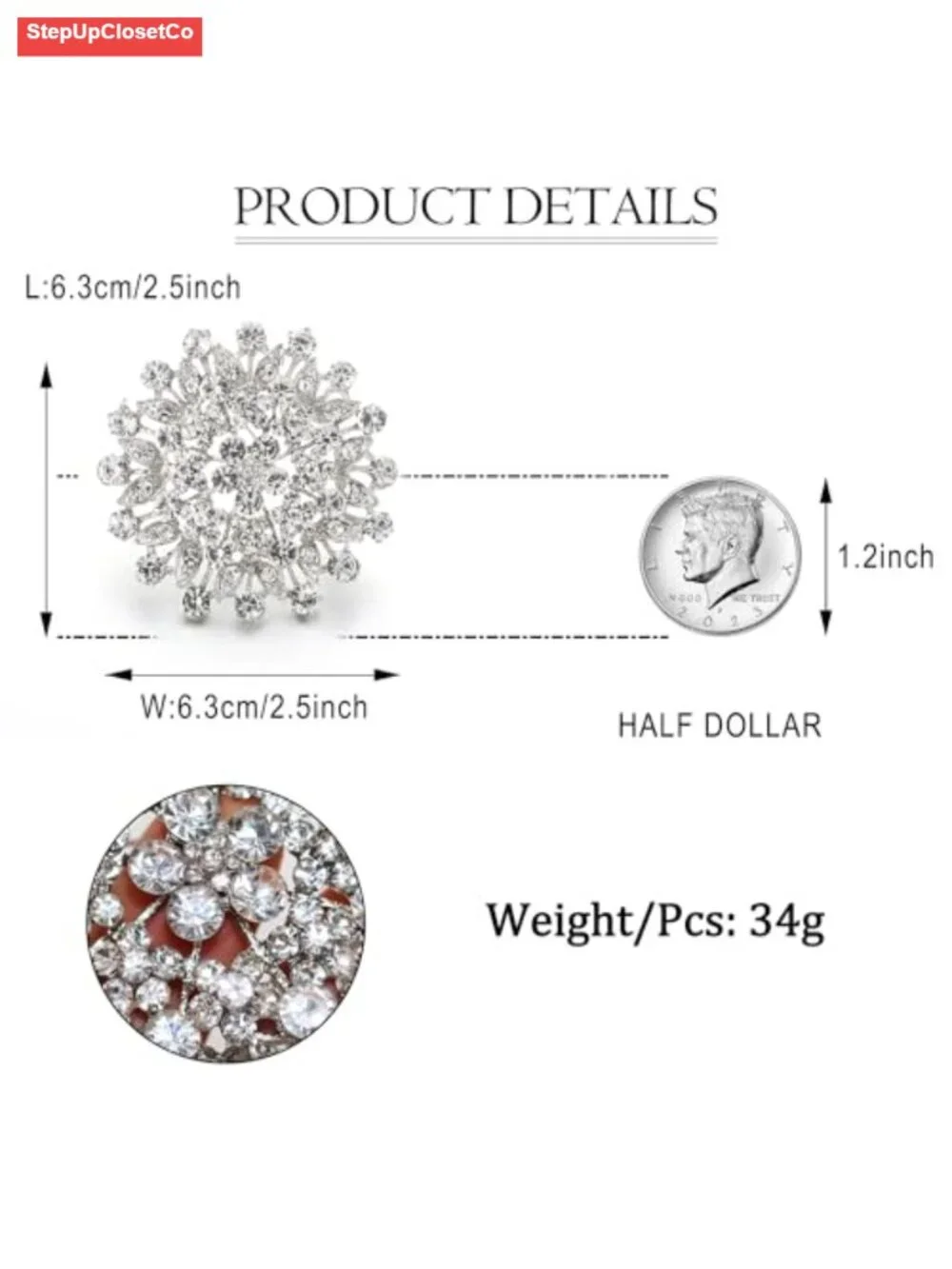 Flower Leaf Crystal Brooch Pin Bridal Corsage 2.5